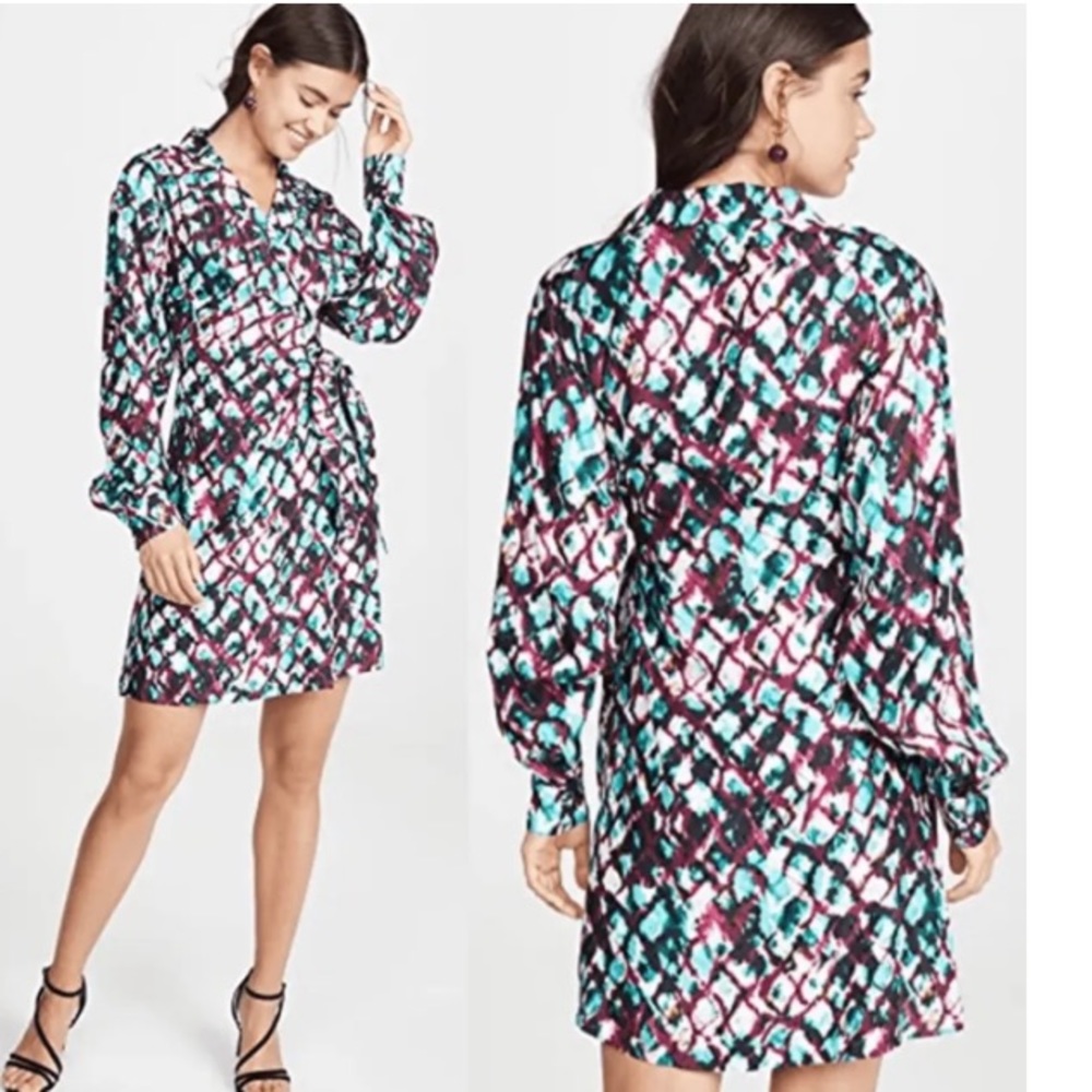 SALONI Mari Silk Amrita Watercolor Long Sleeve Printed Wrap Dress Size 8
